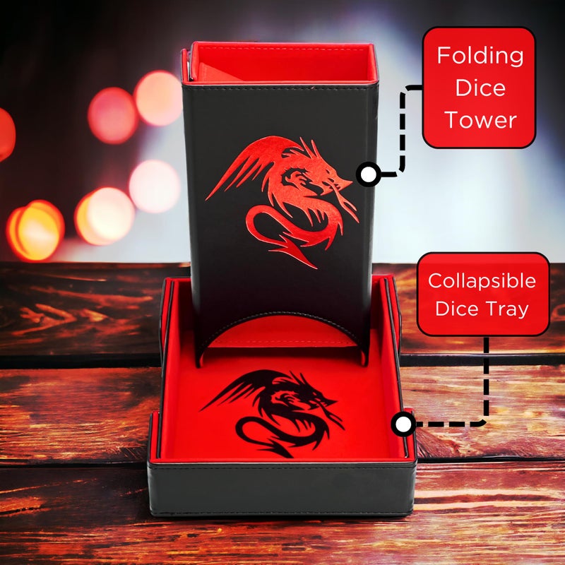 Luck Lab Folding Dice Tower and Dice Tray for RPG Table Top Gaming - Black/Red - Dragon Design - Image 2